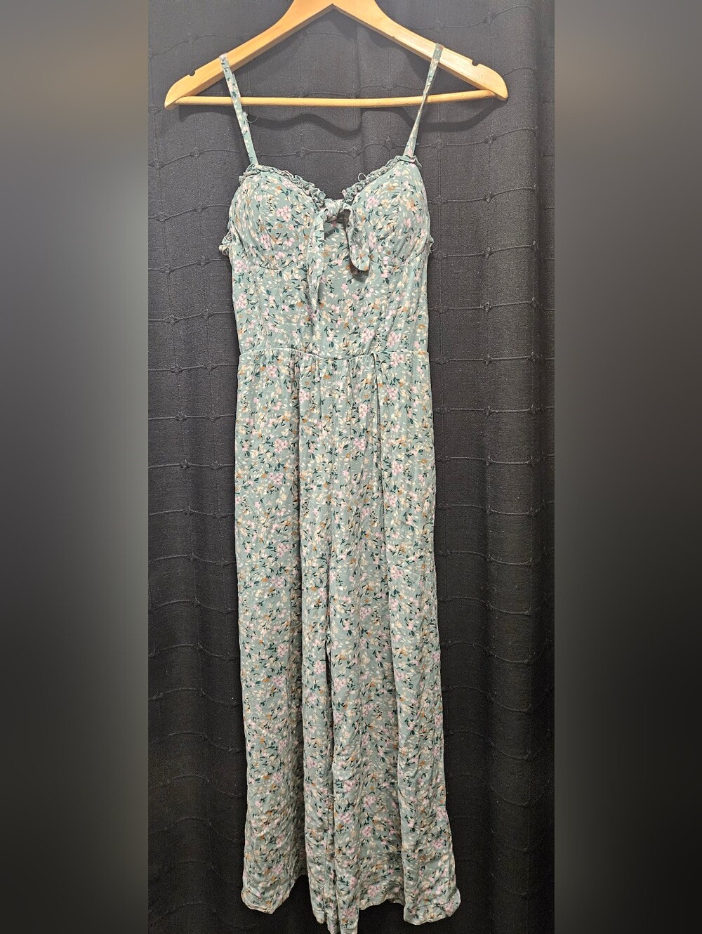 AS U WISH Floral Jumpsuit Sage Green Wide Leg Sweetheart Tie Front Small - Picture 9 of 9